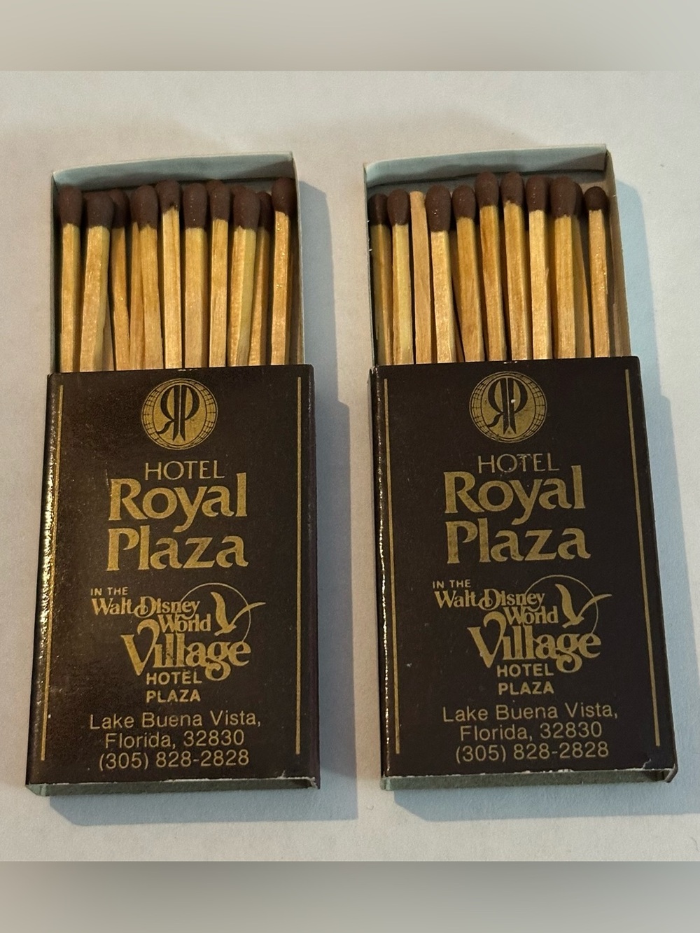 Lot of 2 Vintage Matchbox Royal Plaza Hotel Walt Disney Lake Buena Vista FL